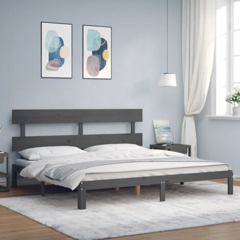 Lit adulte avec tête de lit， Lit double Cadre de lit gris 200x200 cm bois massif MEMV855229 (1/5)