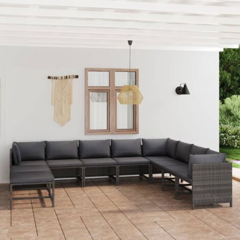 11 pcs Salon de jardin avec coussins Salon d'extérieur Ensemble Meuble de Jardin Mobilier d'Extérieur Résine tressée Gris XFNRX122042 (1/5)