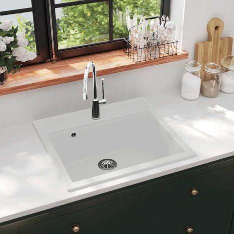 Évier de cuisine，Évier 1 Bac，Vasque pour cuisine Granit Seul lavabo Blanc MEMV221585