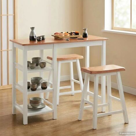 3 pcs Ensemble de bar Set de 1 Table + 2 Tabouret Haut de Bar Moblier de Cuisine/Salle à Manger/bistro MDF Blanc DEJDX16176 (1/5)