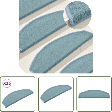 The Living Store Tapis de marches d'escalier 15 pcs Bleu 65x24x4 cm - Tapis D'escalier - Protection Escalier - Tapis Marche Escalier - Antidérapant - Lavable (1/5)