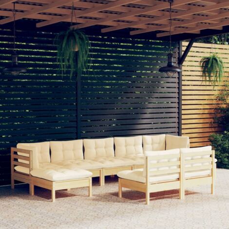 9 pcs Salon de jardin Salon d'extérieur Ensemble Meuble de Jardin Mobilier d'Extérieur avec coussins crème Bois de pin XFNRX326673 (1/5)