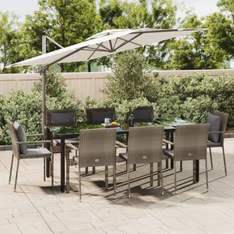 9 pcs Ensemble de salle à manger jardin Salon de jardin Mobilier de salle à manger et coussins noir et gris RJTRX780914 (1/5)