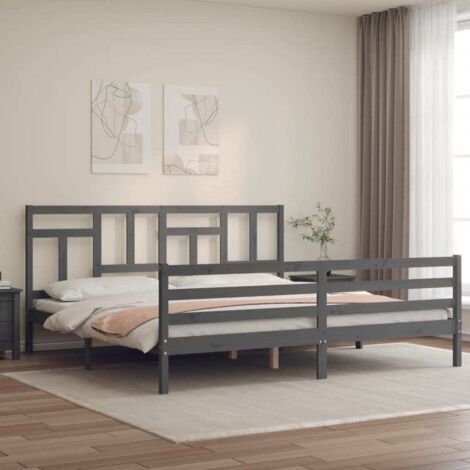 Lit adulte avec tête de lit， Lit double Cadre de lit gris 200x200 cm bois massif MEMV503800 (1/5)