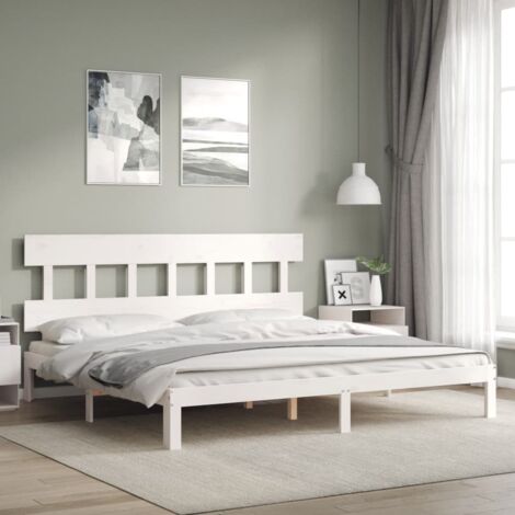 Lit adulte avec tête de lit， Lit double Cadre de lit blanc 200x200 cm bois massif MEMV542160 (1/5)