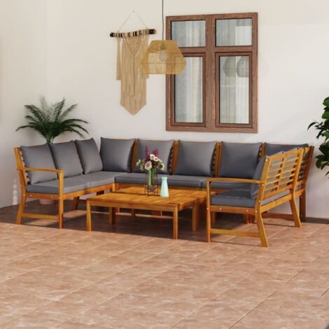 9 pcs Salon de jardin，Salon d'extérieur，Ensemble Meuble de Jardin avec coussin Bois d'acacia solide DGBDF371636 (1/5)