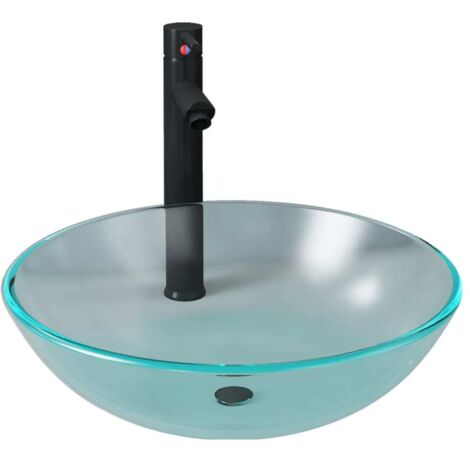 Lavabo vasque à poser Luxueux, Bac à laver, avec robinet et drain à poussoir Verre trempé OIB7673E (1/5)