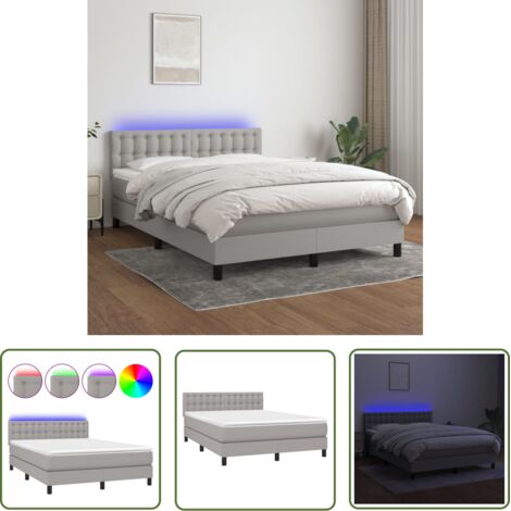 The Living Store Sommier à lattes de lit et matelas et LED Gris clair 140x200 cm - Sommier Tapissier - Lit Plateforme - Lit Avec Rangement - Matelas À Ressorts Ensachés - Tête De Lit Ajustable (1/5)