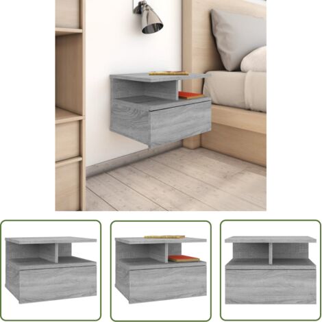 The Living Store Table de chevet flottante Sonoma gris Bois d’ingénierie - Table De Chevet - Meuble De Chambre - Table De Nuit - Étagère Murale - Rangement Minimaliste (1/5)