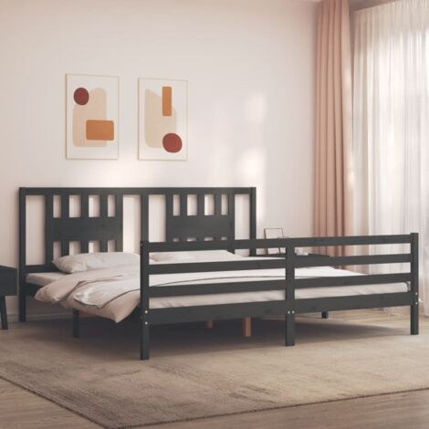 Lit adulte avec tête de lit， Lit double Cadre de lit gris 200x200 cm bois massif MEMV880985 (1/5)