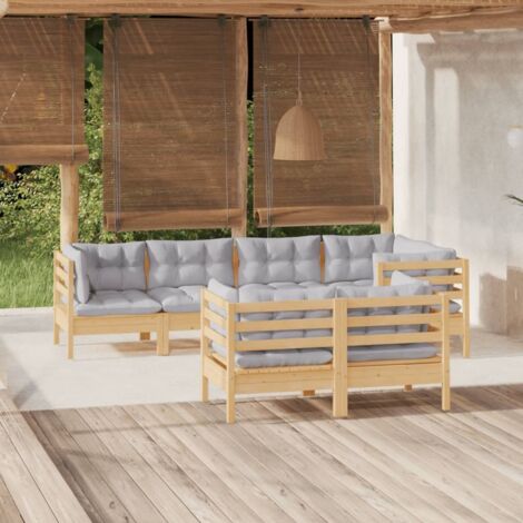 7 pcs Salon de jardin Salon d'extérieur Ensemble Meuble de Jardin Mobilier d'Extérieur avec coussins gris Bois de pin massif XFNRX611082 (1/5)