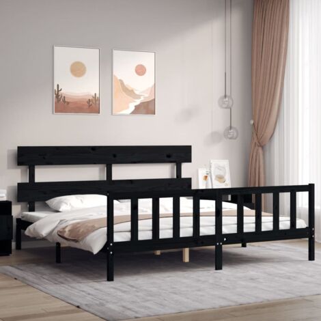 Lit adulte avec tête de lit， Lit double Cadre de lit noir 200x200 cm bois massif MEMV704614 (1/5)