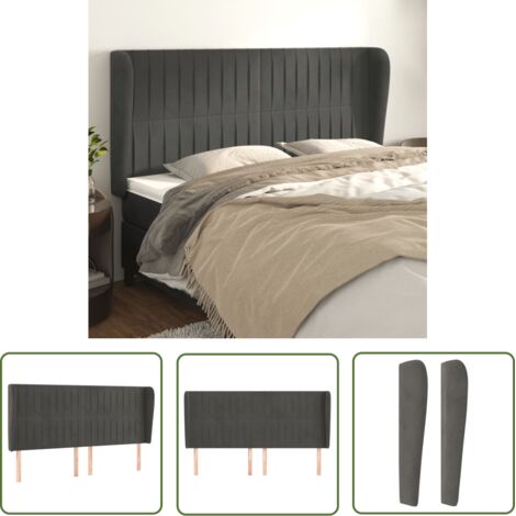 The Living Store Tête de lit avec oreilles Gris foncé 163x23x118/128 cm Velours - Tête De Lit - Literie - Meuble Chambre - Chaise Lit - Oreiller (1/5)