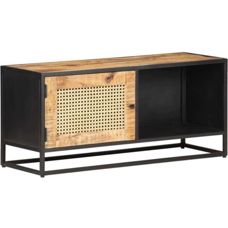 Meuble TV Moderne Banc TV Meuble de Rangement 90x30x40 cm Bois de manguier brut et canne naturelle XHET48347 (1/5)