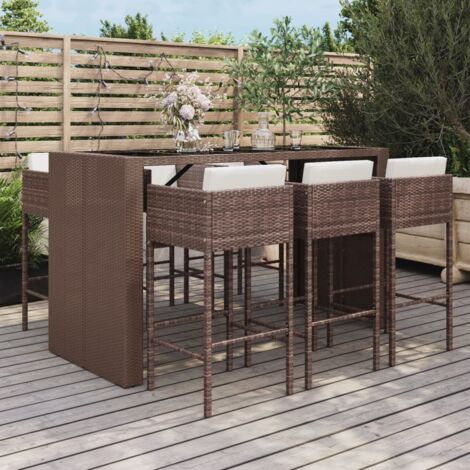 7 pcs Ensemble de bar de jardin  Meuble de Jardin/bistro  Ensemble table et chaises avec coussins marron poly rotin DEJDX46016 (1/5)
