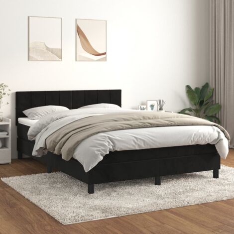 Lit Double  Lit à sommier tapissier avec matelas  Lit Adulte  Meuble de Chambre à Coucher Noir 140x200 cm Velours XRKJY9045997