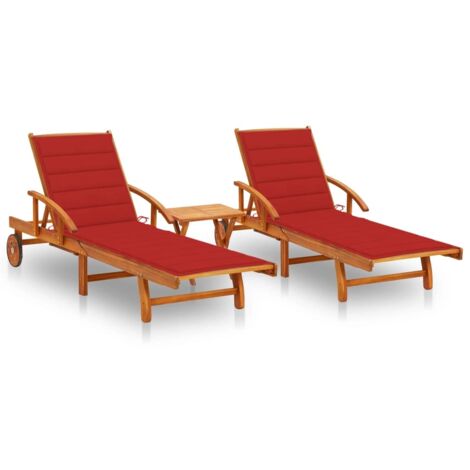 Lot de 2 Chaises longues avec table et coussin Bain de soleil Transat de relaxation Acacia solide BSRHS402159 (1/5)