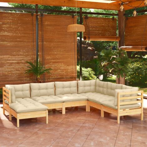 Salon de jardin 7 pcs,Mobilier de terrasse,Table et Chaise pour Relax avec coussins crème Bois de pin solide -YZ835577 (1/5)