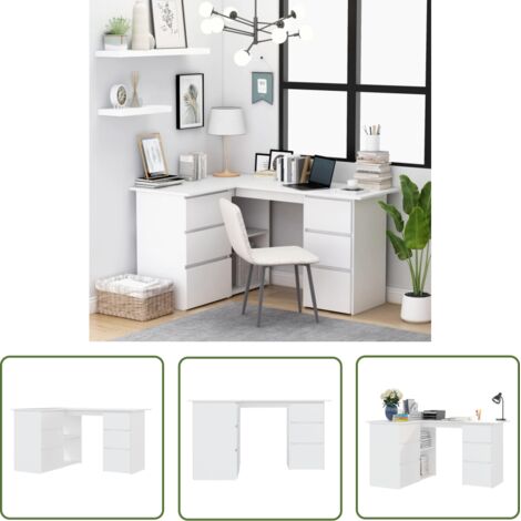The Living Store Bureau d'angle Blanc 145x100x76 cm Bois d'ingénierie - Bureau D'angle - Bureau Blanc - Bureau Informatique - Meuble De Bureau - Bureau Design (1/5)