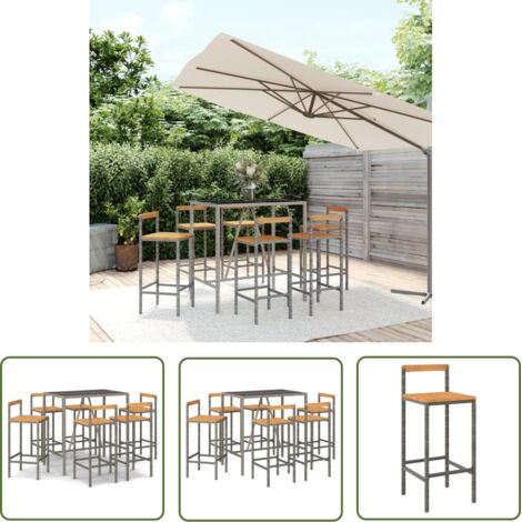 The Living Store Ensemble de bar jardin 7 pcs gris poly rotin/bois massif acacia - Salon De Jardin - Mobilier De Jardin - Set De Salon De Jardin - Ensemble De Bar Extérieur - Table De Bar (1/5)