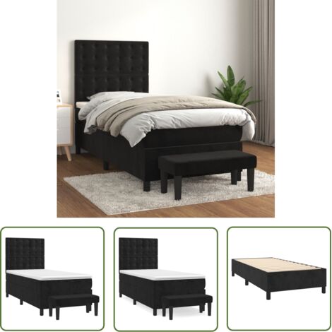 The Living Store Sommier à lattes de lit avec matelas Noir 90x200 cm Velours - Lit Plateforme - Lit Velours - Lit Double - Tête De Lit Ajustable - Matelas À Ressorts Ensachés (1/5)
