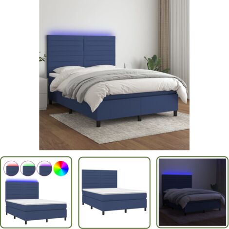 The Living Store Sommier à lattes de lit et matelas et LED Bleu 140x200 cm Tissu - Lit Plateforme - Lit Avec Led - Lit Design - Lit Moderne - Lit Double (1/5)