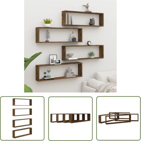 The Living Store Étagères murales cubiques 4 pcs Chêne fumé 100x15x30 cm - Étagères Murales - Étagères Cubes - Étagères Déco - Rangement Mural - Décoration Murale (1/5)