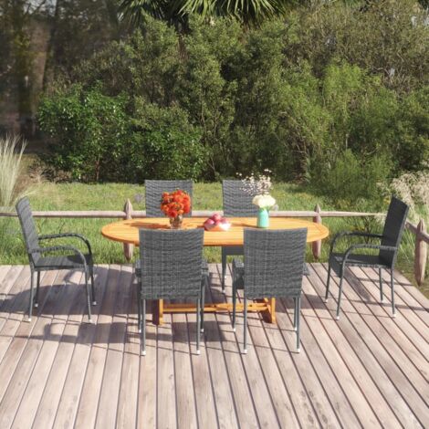 7 pcs Ensemble de salle à manger de jardin Salon de jardin Mobilier de salle à manger Résine tressée Gris RJTRX926306 (1/5)