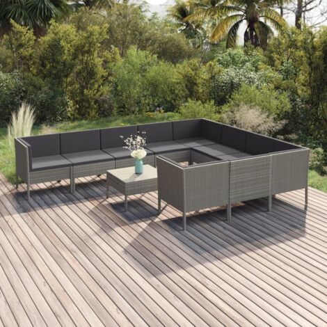 11 pcs Salon de jardin avec coussins Salon d'extérieur Ensemble Meuble de Jardin Mobilier d'Extérieur Résine tressée Gris XFNRX783411 (1/5)