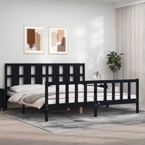 Lit adulte avec tête de lit， Lit double Cadre de lit noir 200x200 cm bois massif MEMV487621 (1/5)