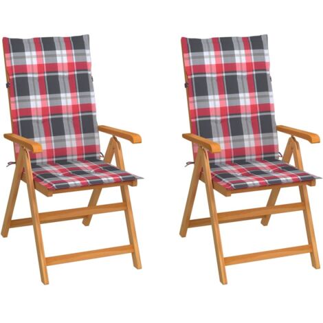 Lot de 2 Chaises de jardin Siège de Terrasse Fauteuil de jardin avec coussins à carreaux rouge Teck DHNET1180300 (1/5)