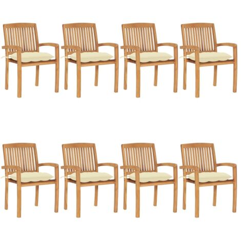 8 pcs Chaises de jardin empilables avec coussins Siège de Terrasse Fauteuil de jardin Teck solide DHNET8857611 (1/5)