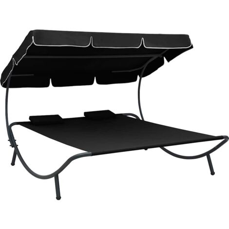 Lit de repos d'extérieur,Transat, bain de soleil avec auvent et oreillers Noir XZZZ593875 (1/5)