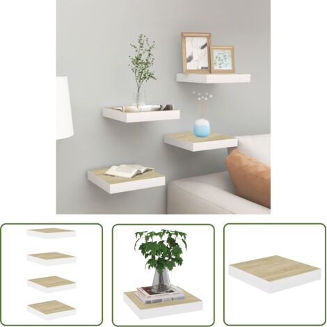 The Living Store Étagères murales 4 pcs Chêne et blanc 23x23,5x3,8 cm MDF - Étagères Murales - Étagères Décoratives - Rangement Mural - Décoration Murale - Meubles De Salle À Manger (1/5)