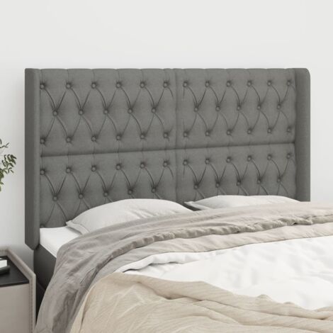 Tête lit de avec oreilles pour lit double, Cadre de lit, Tableau décoratif de chevet Gris foncé 147x16x118/128 cm Tissu CDE81424 (1/5)