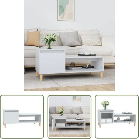 The Living Store Table basse Blanc brillant 100x50x45 cm Bois d'ingénierie - Table Basse Blanche - Meuble TV - Table D'appoint - Rangement Intérieur - Design Moderne (1/5)