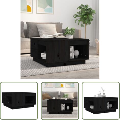 The Living Store Table basse Noir 60x61x32,5 cm Bois massif de pin - Table Basse - Meuble Salon - Table D'appoint - Bout De Canapé - Bois Massif (1/5)