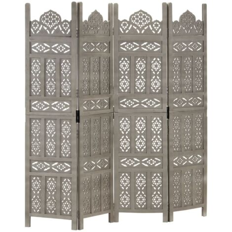 Cloison de séparation 4 panneaux, Paravent sur Pied, Séparation de pièce, Cloison mur écran Gris 160x165 cm Bois manguier GHJ28209 (1/5)