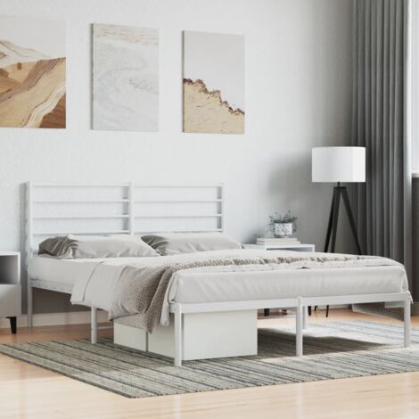 Lit adulte, Cadre de lit métal avec tête de lit, Structure de lit blanc 135x190 cm CDE98036 (1/5)