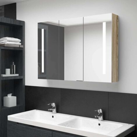 Armoire de salle de bain à miroir LED, Meuble de Rangement, Placard de Rangement Toilettes 89x14x62 cm Chêne MJU71142 (1/5)