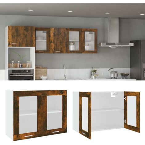Armoire suspendue, Armoire de cuisine, Meuble haut Cuisine en verre Chêne fumé 80x31x60 cm MJU46644 (1/5)