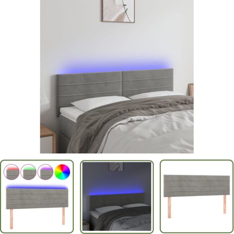 The Living Store Tête de lit à LED Gris clair 144x5x78/88 cm Velours - Tête De Lit Led - Tête De Lit Velours - Éclairage Led - Tête De Lit Réglable - Support Lombaire (1/5)