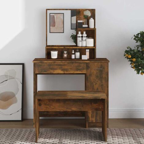 Coiffeuse avec miroir, Table de maquillage, Meuble coiffeuse Chêne fumé 86,5x35x136 cm RDS2690 (1/5)