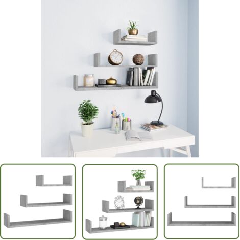 INLIFE Étagères murales Aggloméré 3 pcs Gris béton (1/5)