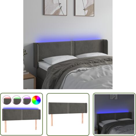 The Living Store Tête de lit à LED Gris foncé 147x16x78/88 cm Velours - Tête De Lit Led - Tête De Lit Velours - Tête De Lit Moderne - Éclairage Led - Têtière De Lit (1/5)