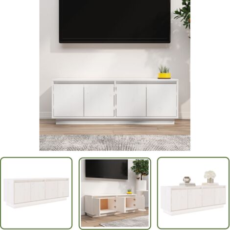 The Living Store Meuble TV Blanc 110x34x40 cm Bois de pin massif - Meuble Tv - Meuble Téléviseur - Armoire Tv - Bibliothèque Murale - Rangement Tv (1/5)
