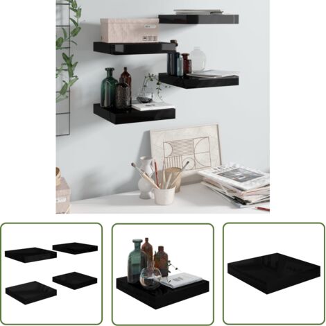 The Living Store Étagère murale flottante 4 pcs Noir brillant 23x23,5x3,8 cm MDF - Étagère Murale - Étagères Murales - Étagère Flottante - Décoration Murale - Rangement Mural (1/5)