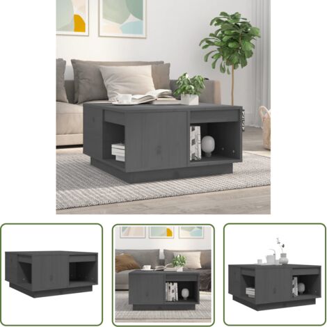 The Living Store Table basse Gris 60x61x32,5 cm Bois massif de pin - Table Basse - Meuble Salon - Table D'appoint - Table Bois - Design Moderne (1/5)