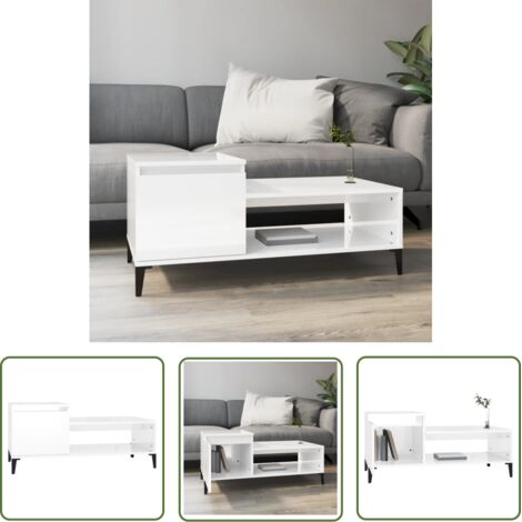 The Living Store Table basse Blanc brillant 100x50x45 cm Bois d'ingénierie - Table Basse Blanche - Meuble TV - Table D'appoint - Rangement Intérieur - Design Moderne (1/5)