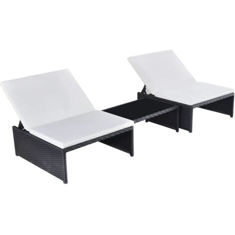 Lot de 2 transats chaise longue bain de soleil lit de jardin terrasse meuble d'extérieur avec table résine tressée noir (1/5)